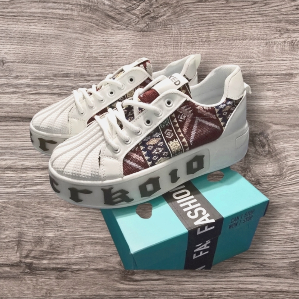 Stylish White and Burgundy Patterned Sneakers